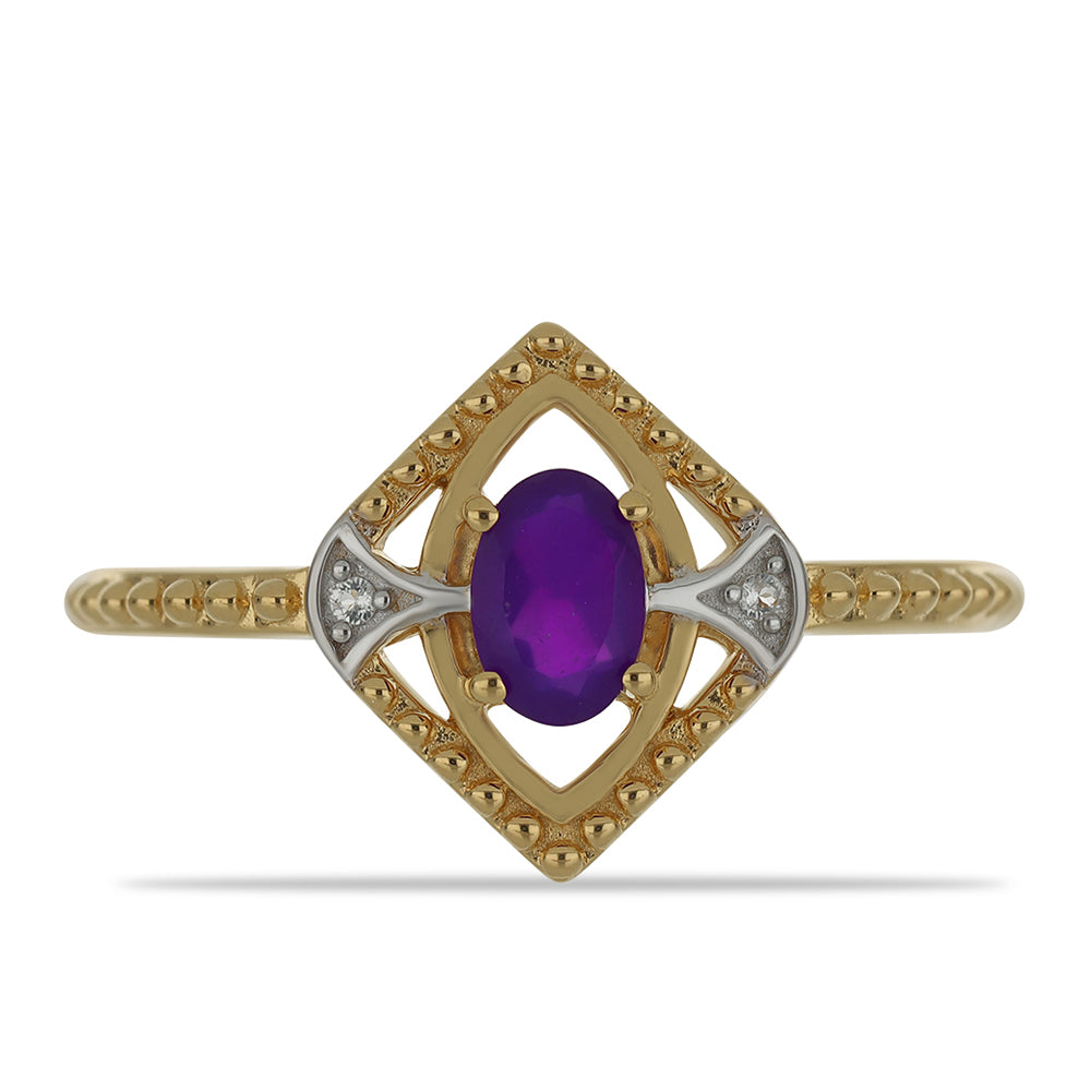 Inel din Argint 925 Placat cu Aur ( 2.35 grame ) cu Agat Violet și Topaz Alb 0.43 Carate