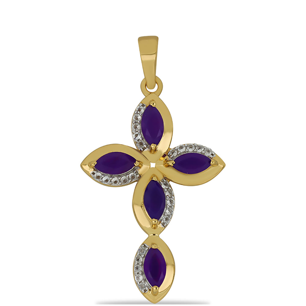 Cruce Pandantiv din Argint 925 Placat cu Aur ( 2.71 grame ) cu Agat Violet și Topaz Alb 1.39 Carate 1 