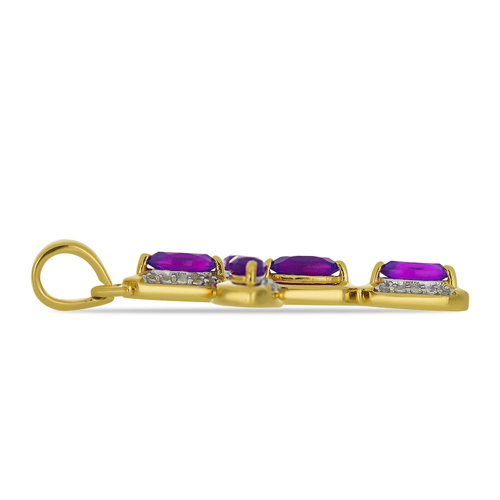 Cruce Pandantiv din Argint 925 Placat cu Aur ( 2.71 grame ) cu Agat Violet și Topaz Alb 1.39 Carate