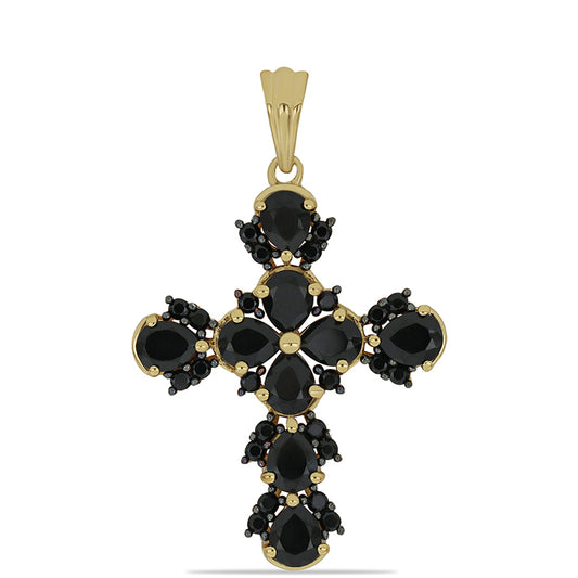 Cruce Pandantiv din Argint 925 Placat cu Aur ( 4.1 grame ) cu Spinel Negru 4.6 Carate