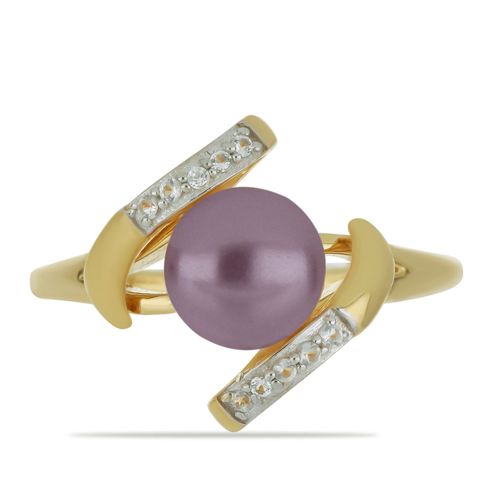 Inel din Argint 925 Placat cu Aur ( 3.88 grame ) cu Perlă de cultură Violet și Topaz Alb 2.63 Carate