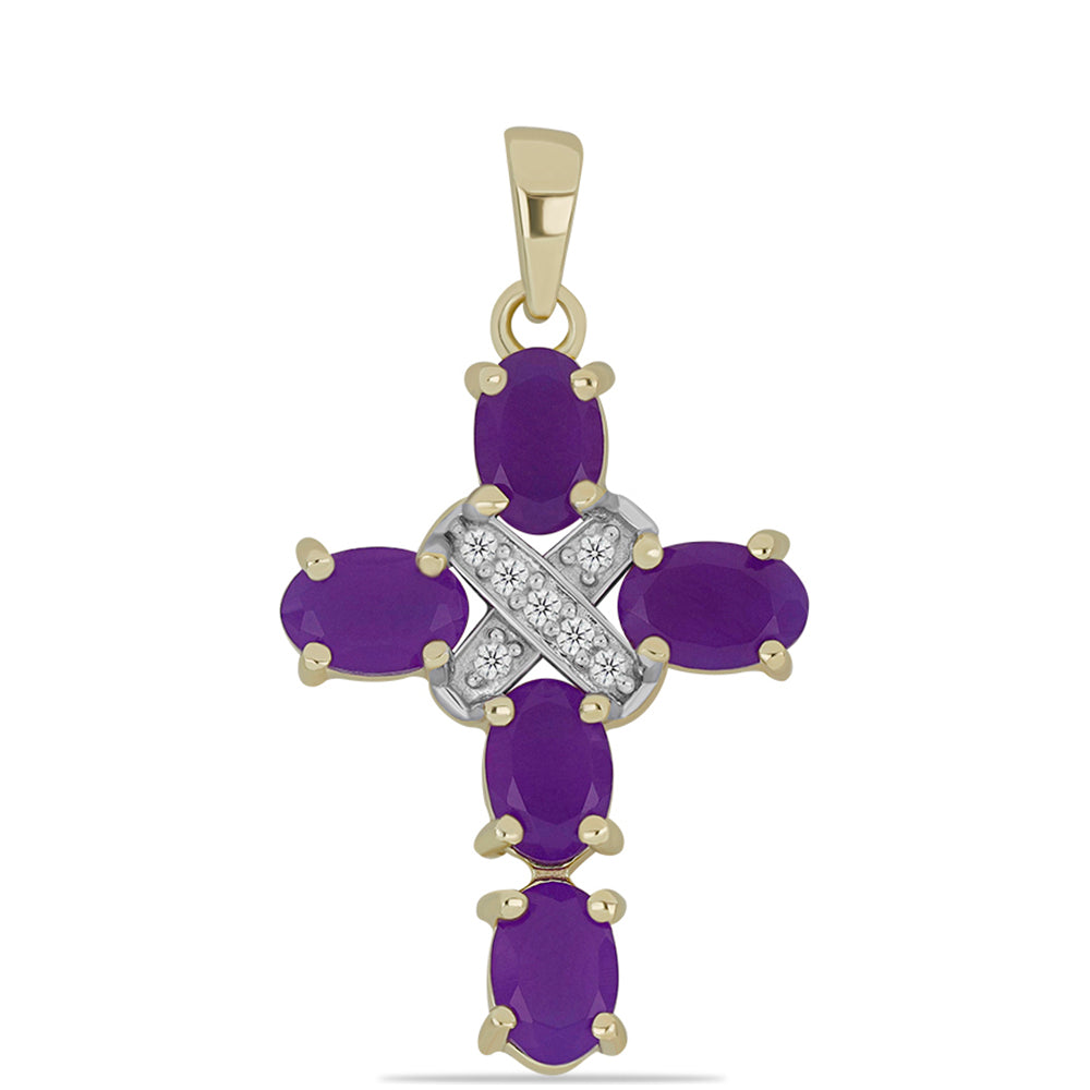 Cruce Pandantiv din Argint 925 Placat cu Aur ( 1.89 grame ) cu Agat Violet și Topaz Alb 2.2 Carate 1 