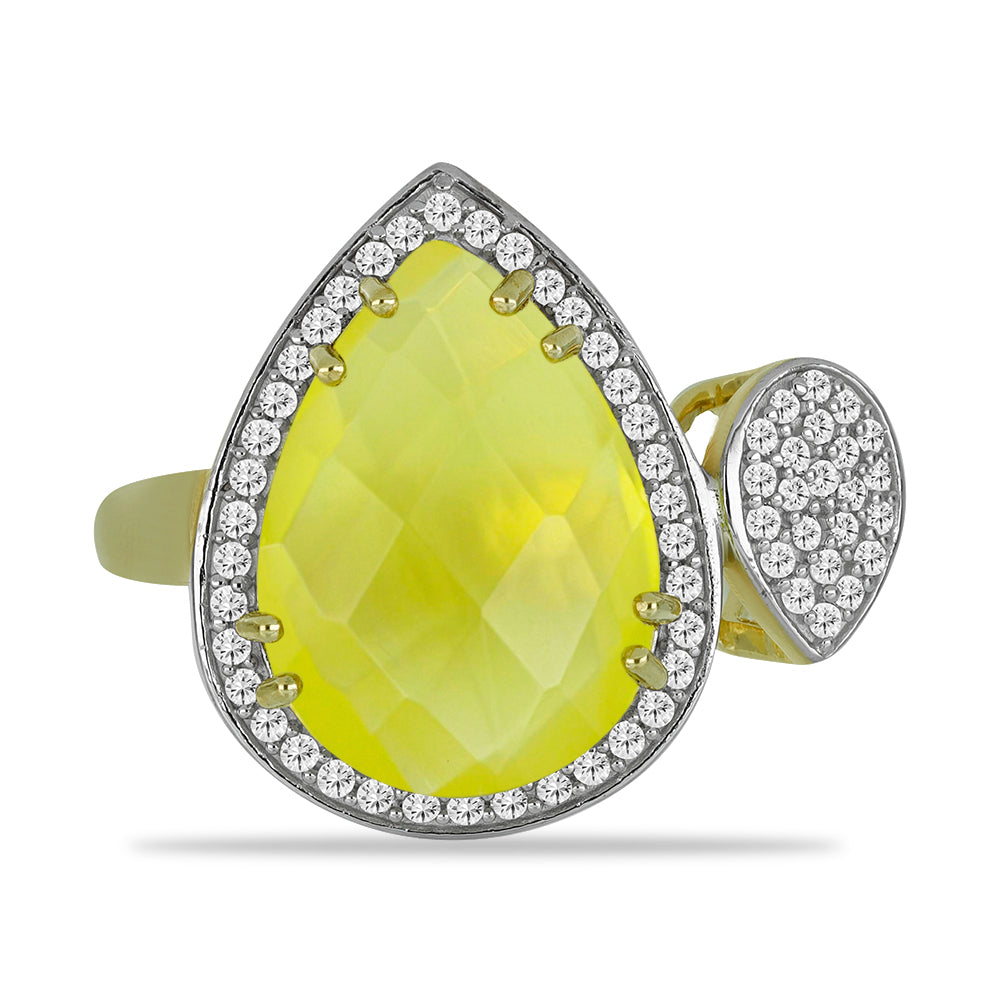 Inel din Argint 925 Placat cu Aur ( 4.98 grame ) cu Calcedonie Lemon și Topaz Alb 10.35 Carate