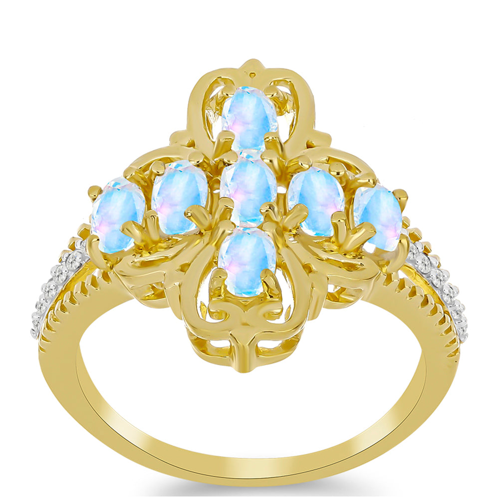 Inel din Argint 925 Placat cu Aur ( 4.28 grame ) cu Piatra Lunii Curcubeu și Topaz Alb 1.53 Carate 3 