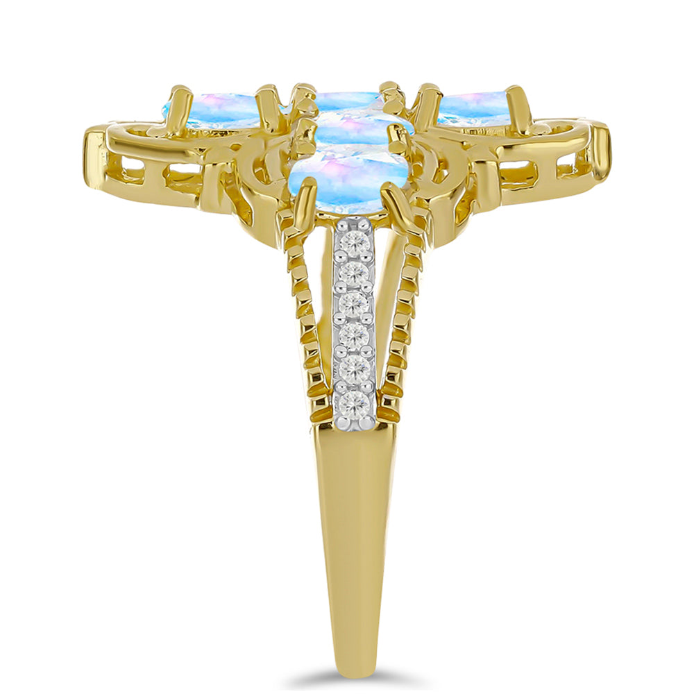 Inel din Argint 925 Placat cu Aur ( 4.28 grame ) cu Piatra Lunii Curcubeu și Topaz Alb 1.53 Carate 4 