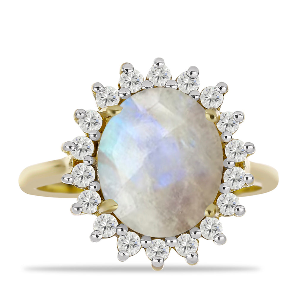 Inel din Argint 925 Placat cu Aur ( 3.52 grame ) cu Piatra Lunii Curcubeu și Topaz Alb 5.25 Carate