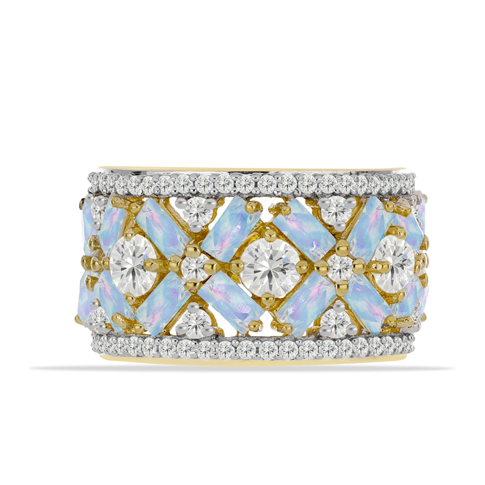 Inel din Argint 925 Placat cu Aur ( 6.27 grame ) cu Piatra Lunii Curcubeu și Topaz Alb 3.69 Carate 1 