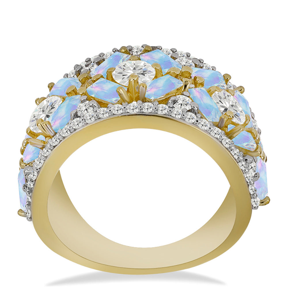 Inel din Argint 925 Placat cu Aur ( 6.27 grame ) cu Piatra Lunii Curcubeu și Topaz Alb 3.69 Carate 3 