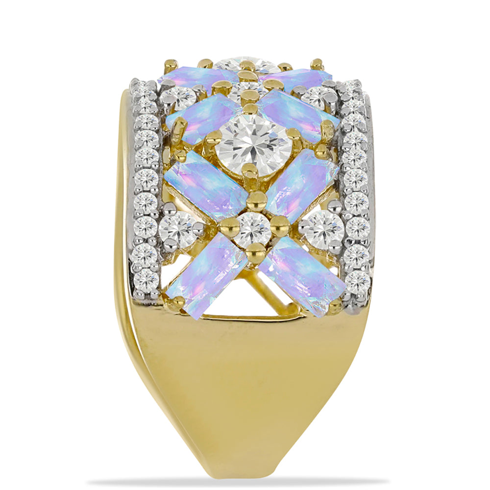 Inel din Argint 925 Placat cu Aur ( 6.27 grame ) cu Piatra Lunii Curcubeu și Topaz Alb 3.69 Carate