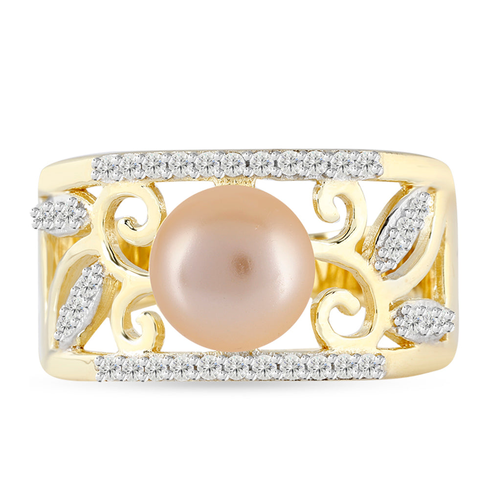 Inel din Argint 925 Placat cu Aur ( 5.88 grame ) cu Perlă de Apă Dulce culoare Aurie și Topaz Alb 2.88 Carate 1 