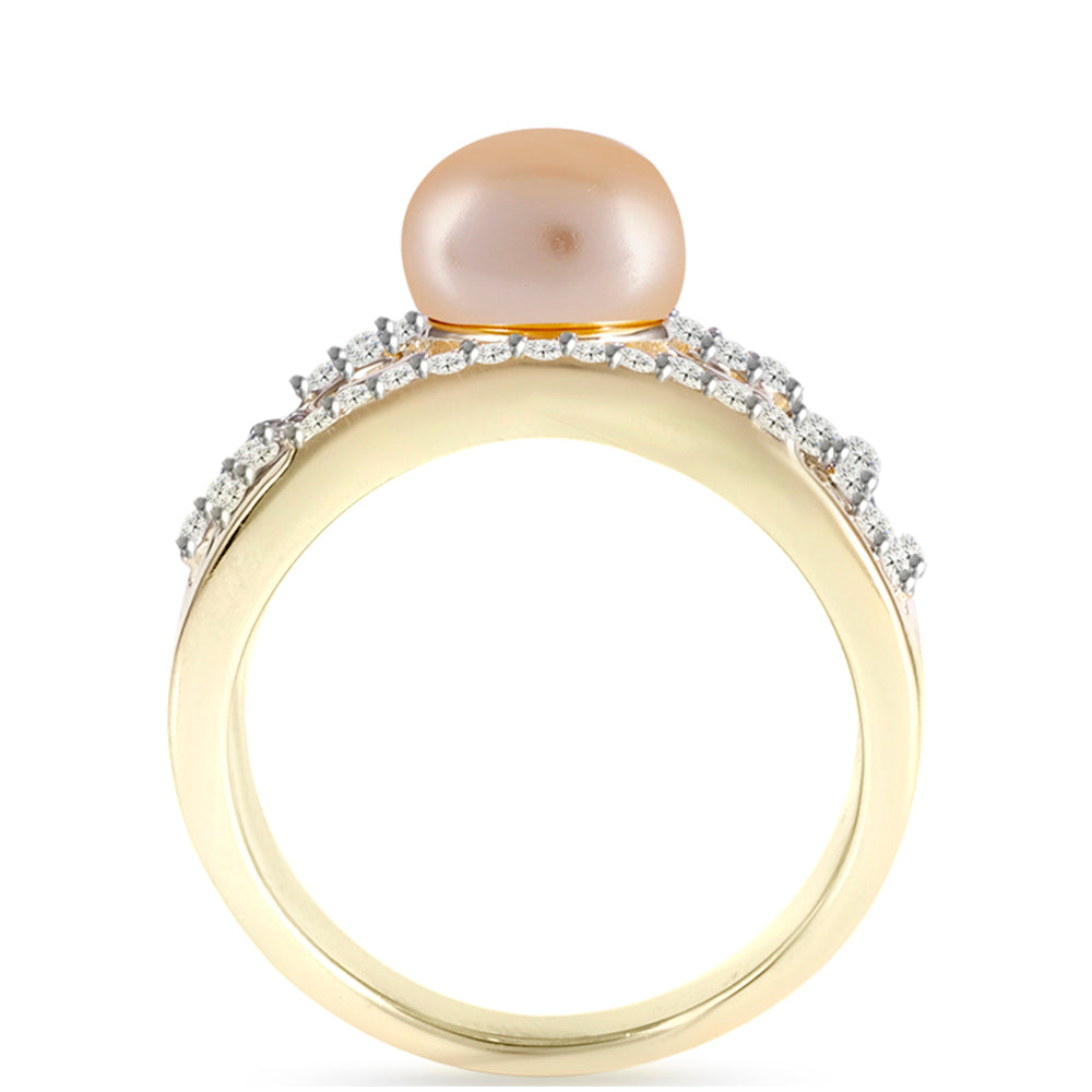 Inel din Argint 925 Placat cu Aur ( 5.88 grame ) cu Perlă de Apă Dulce culoare Aurie și Topaz Alb 2.88 Carate 2 