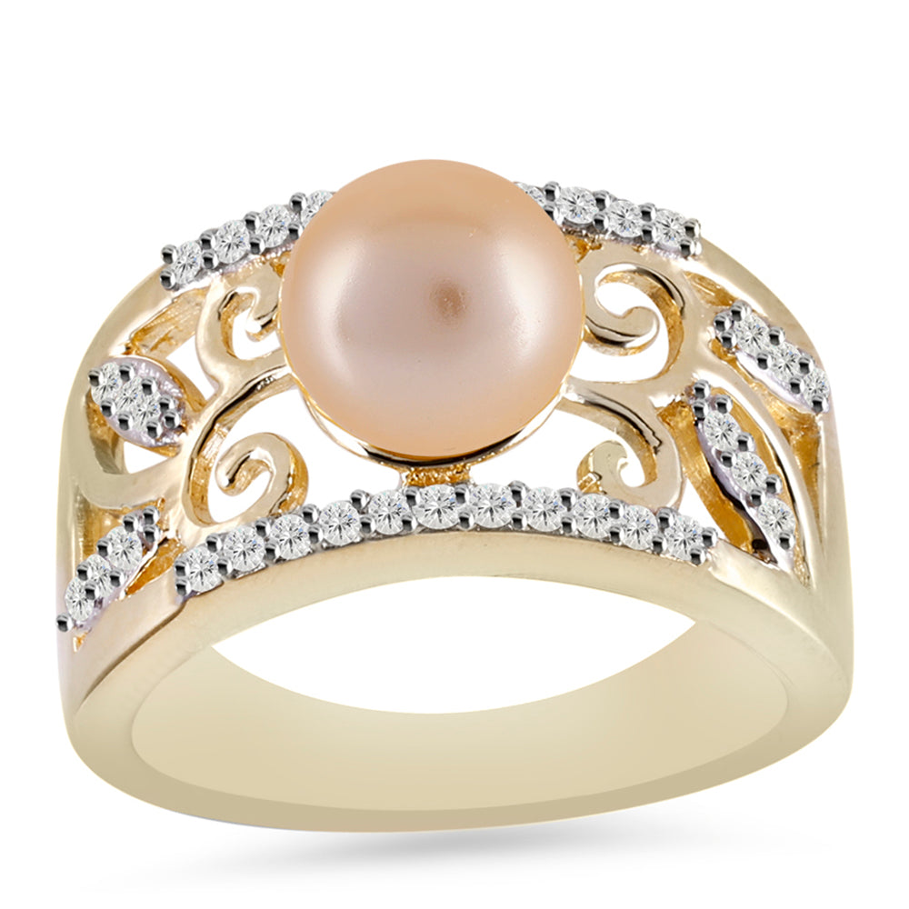 Inel din Argint 925 Placat cu Aur ( 5.88 grame ) cu Perlă de Apă Dulce culoare Aurie și Topaz Alb 2.88 Carate 3 