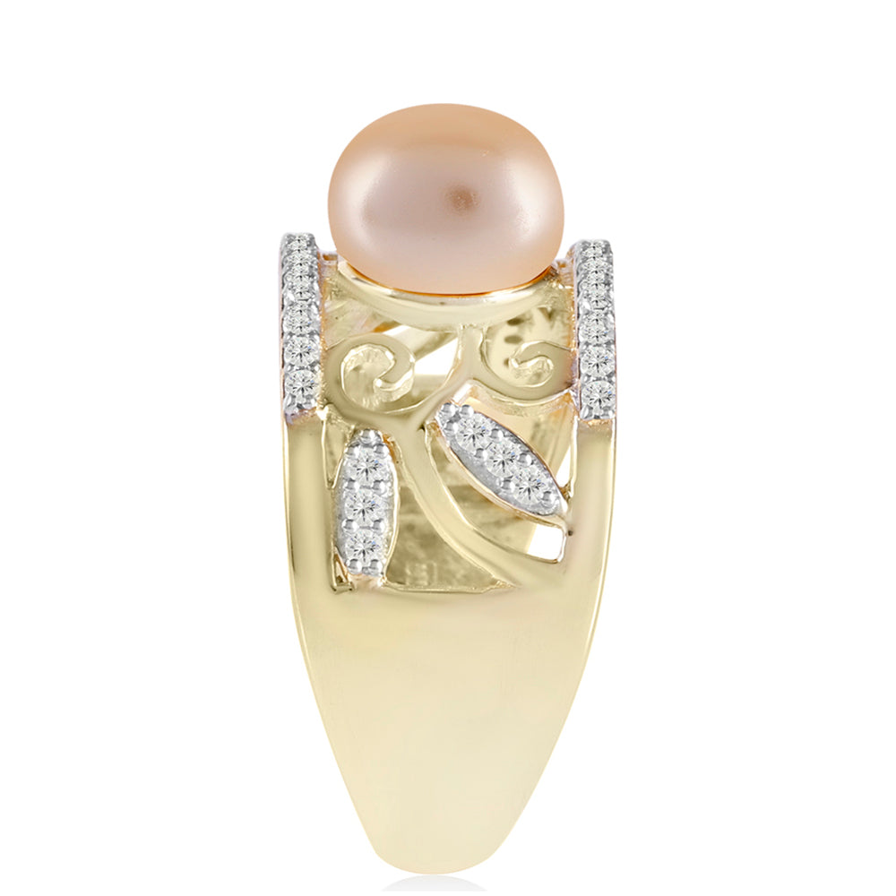 Inel din Argint 925 Placat cu Aur ( 5.88 grame ) cu Perlă de Apă Dulce culoare Aurie și Topaz Alb 2.88 Carate 4 