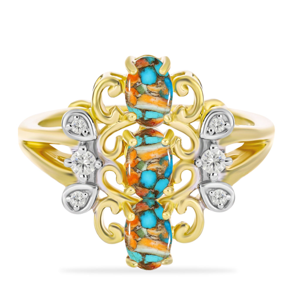 Inel din Argint 925 Placat cu Aur ( 3.86 grame ) cu Turcoaz Oyster și Topaz Alb 1.8 Carate