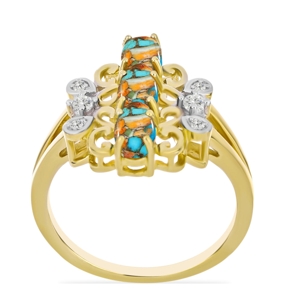 Inel din Argint 925 Placat cu Aur ( 3.86 grame ) cu Turcoaz Oyster și Topaz Alb 1.8 Carate