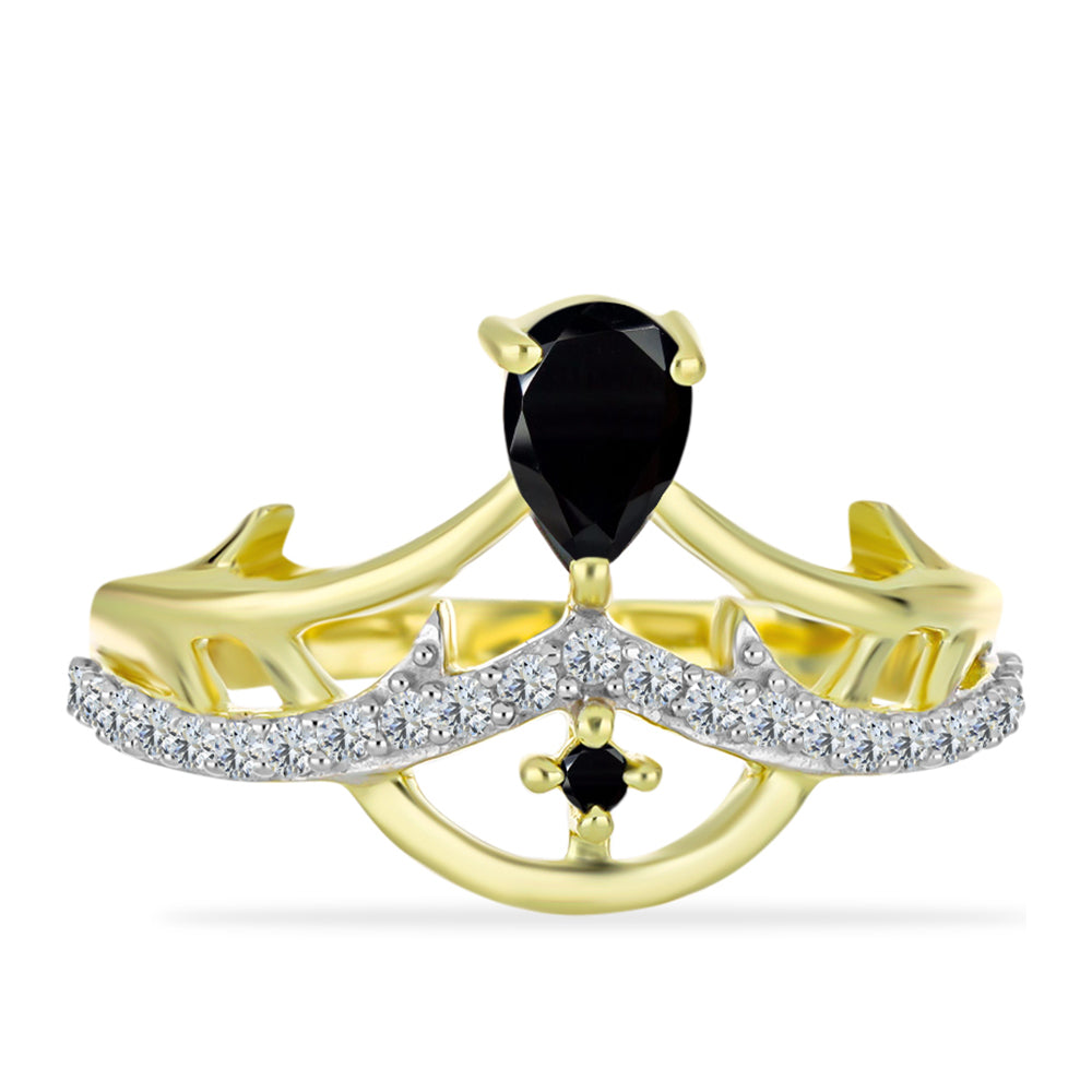 Inel din Argint 925 Placat cu Aur ( 2.91 grame ) cu Onix Negru și Topaz Alb 0.77 Carate 1 