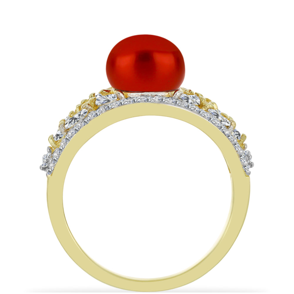 Inel din Argint 925 Placat cu Aur ( 3.47 grame ) cu Perlă de apă dulce roșie și Topaz Alb 3.33 Carate 2 