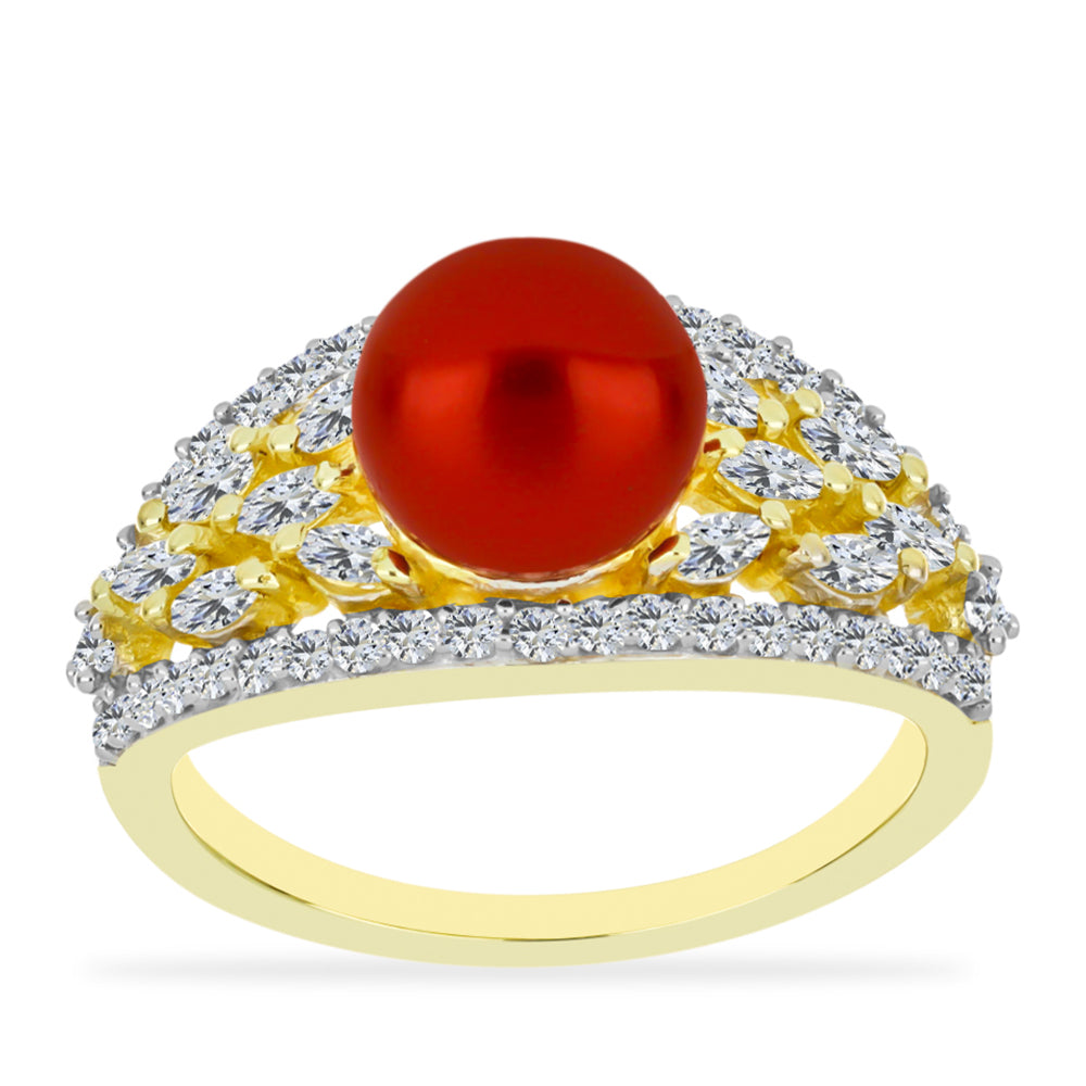 Inel din Argint 925 Placat cu Aur ( 3.47 grame ) cu Perlă de apă dulce roșie și Topaz Alb 3.33 Carate 3 