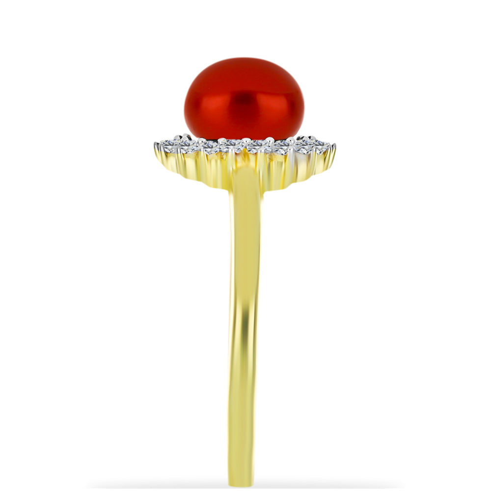 Inel din Argint 925 Placat cu Aur ( 3.07 grame ) cu Perlă de apă dulce roșie și Topaz Alb 2.84 Carate 4 