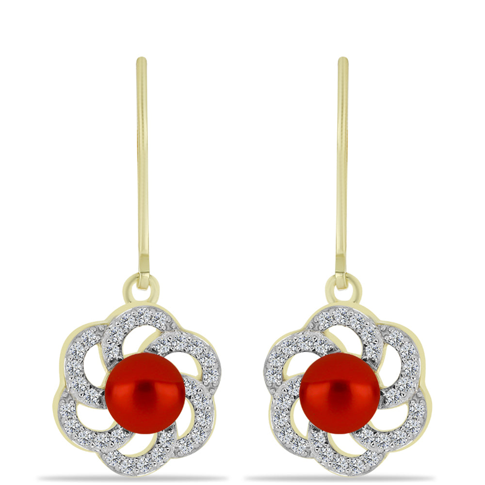 Cercei din Argint 925 Placat cu Aur ( 4.25 grame ) cu Perlă de apă dulce roșie și Topaz Alb 2.6 Carate 1 