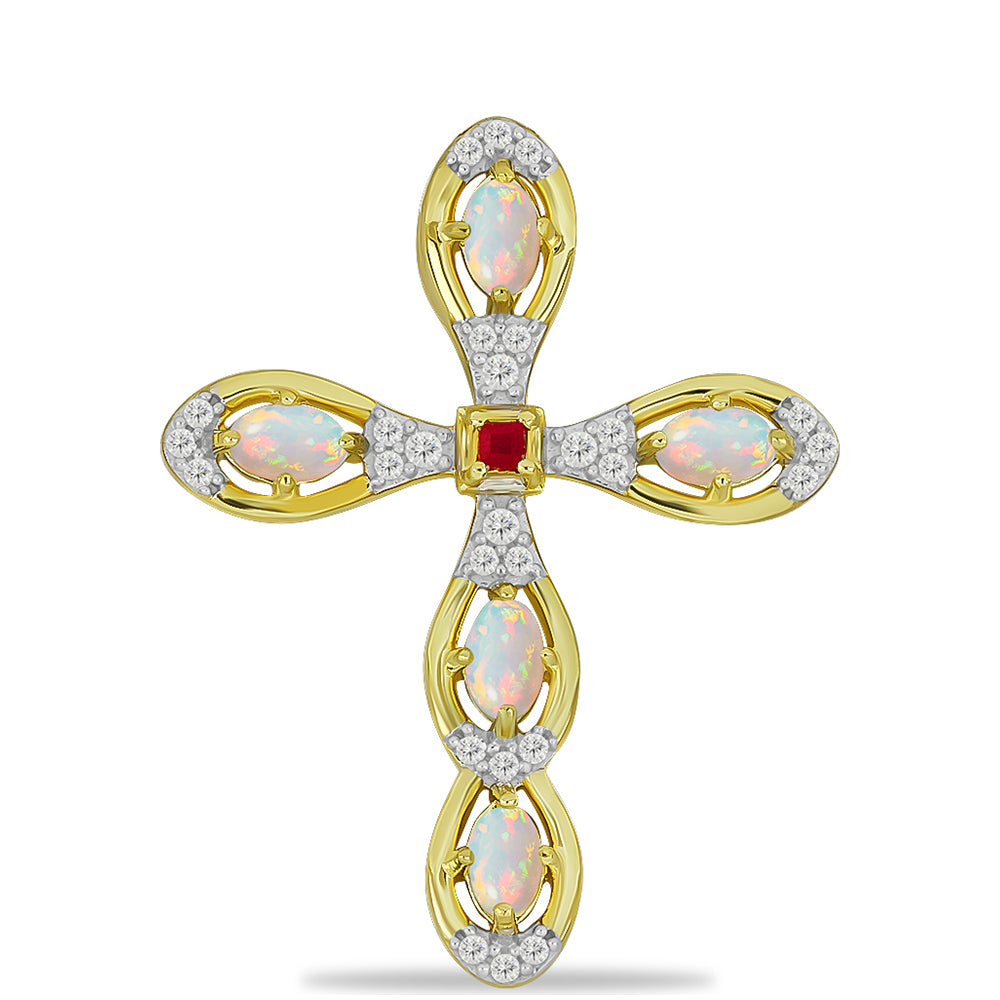 Cruce Pandantiv din Argint 925 Placat cu Aur ( 4.26 grame ) cu Opal Welo și Rubin Malagasy 1.33 Carate 1 