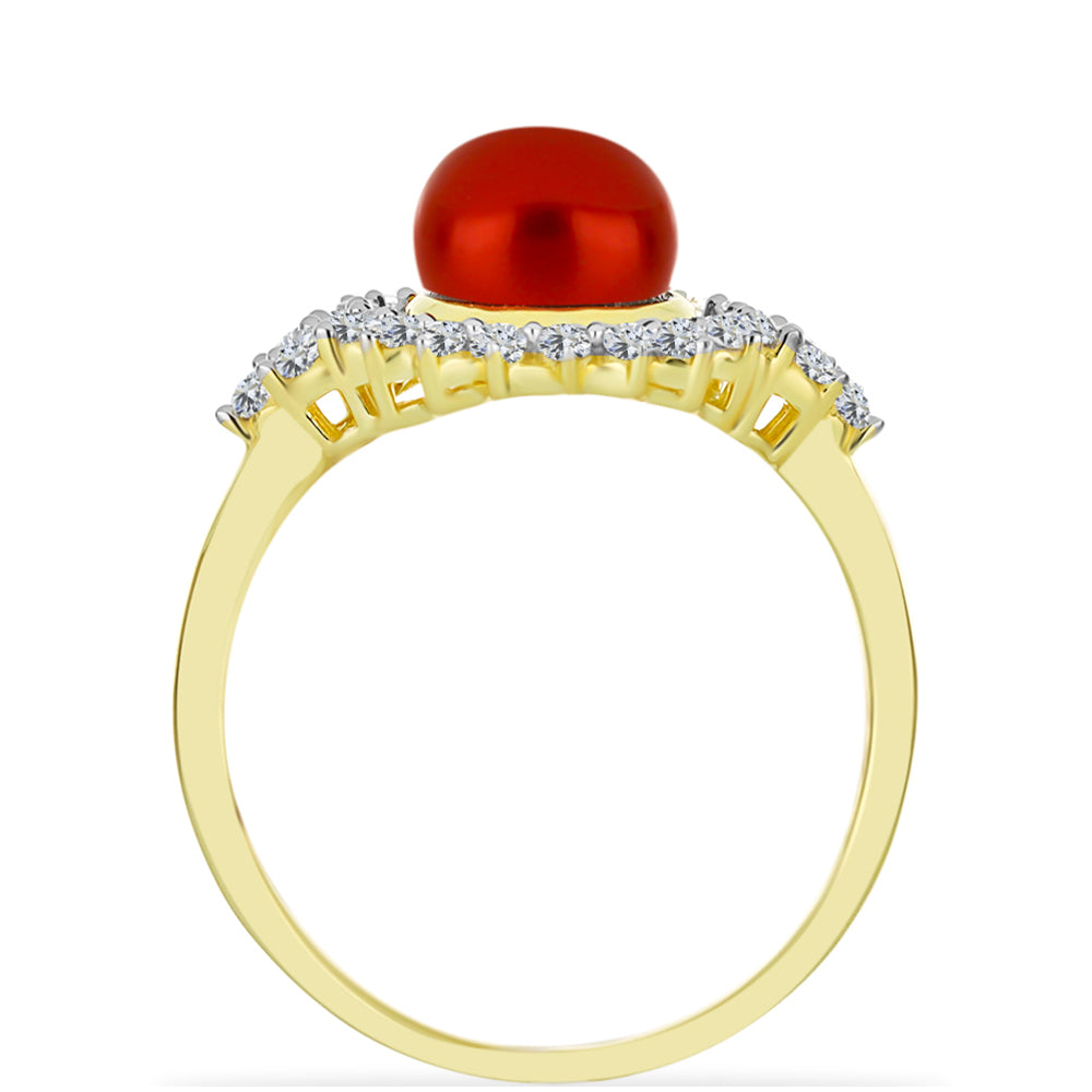 Inel din Argint 925 Placat cu Aur ( 3.14 grame ) cu Perlă de apă dulce roșie și Topaz Alb 3.07 Carate