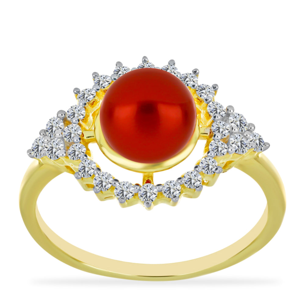 Inel din Argint 925 Placat cu Aur ( 3.14 grame ) cu Perlă de apă dulce roșie și Topaz Alb 3.07 Carate