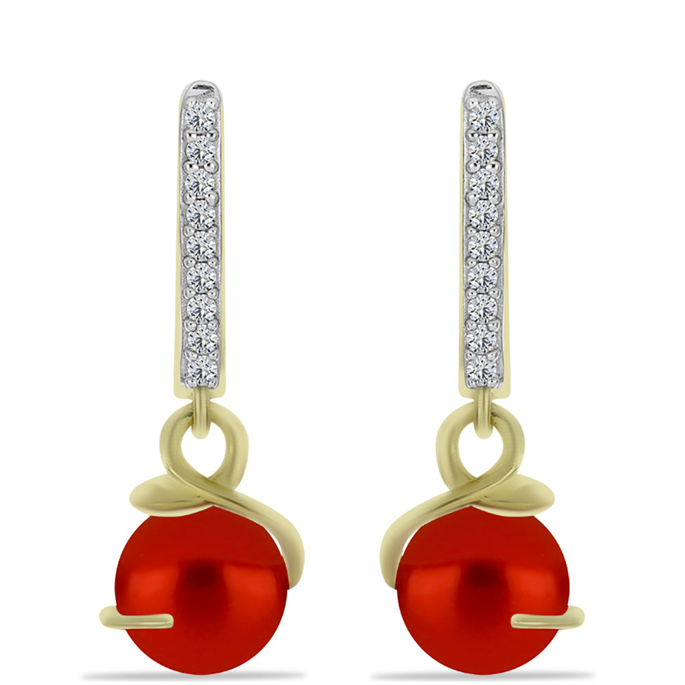 Cercei din Argint 925 Placat cu Aur ( 2.7 grame ) cu Perlă de apă dulce roșie și Topaz Alb 6.64 Carate 1 