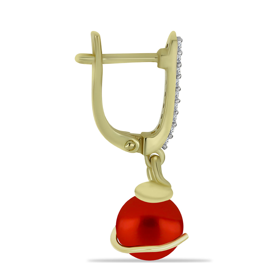 Cercei din Argint 925 Placat cu Aur ( 2.7 grame ) cu Perlă de apă dulce roșie și Topaz Alb 6.64 Carate 2 