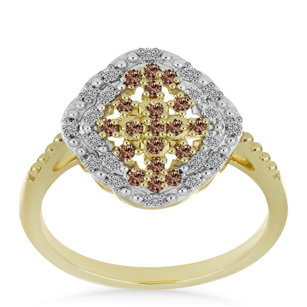 Inel din Argint 925 Placat cu Aur ( 3.45 grame ) cu Diamant de culoarea Șampaniei și Diamant Alb 0.37 Carate