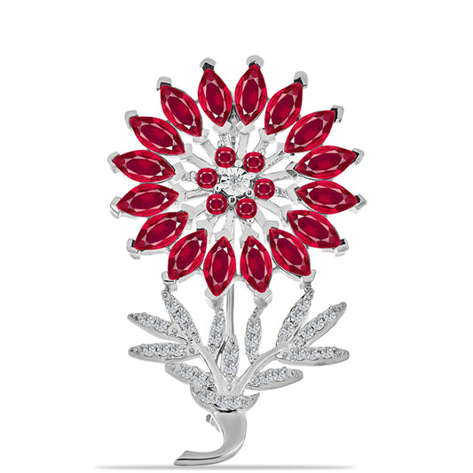 Broşă din Argint 925 ( 6.5 grame ) cu Rubin Malagasy și Diamant Alb 6.02 Carate