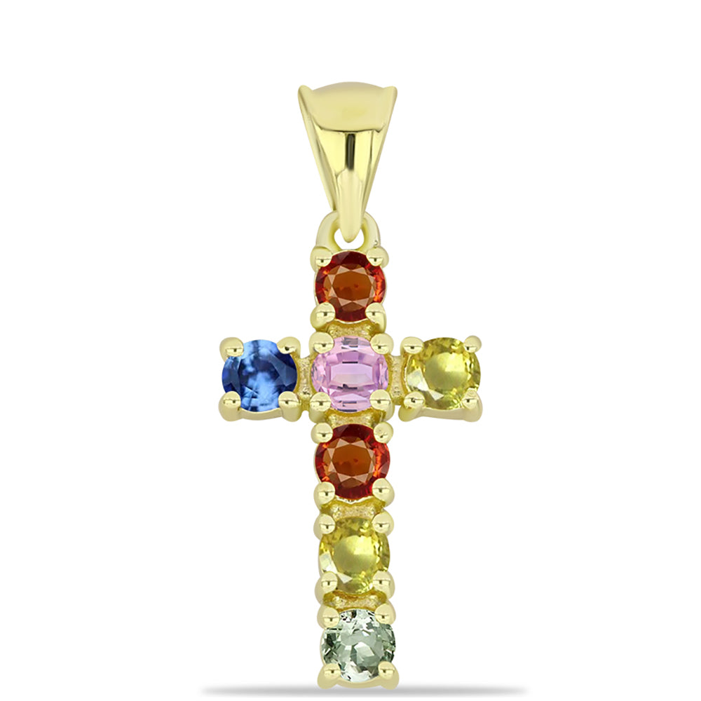 Cruce Pandantiv din Argint 925 Placat cu Aur ( 1.45 grame ) cu Safir Rosebery Curcubeu 0.85 Carate 1 
