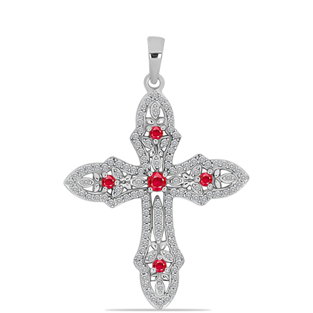 Cruce Pandantiv din Argint 925 ( 3 grame ) cu Agat Roșu și Topaz Alb 0.94 Carate 1 