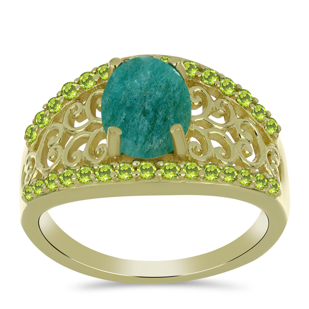 Inel din Argint 925 Placat cu Aur ( 3.94 grame ) cu Amazonit și Peridot Changbai 2.3 Carate 3 