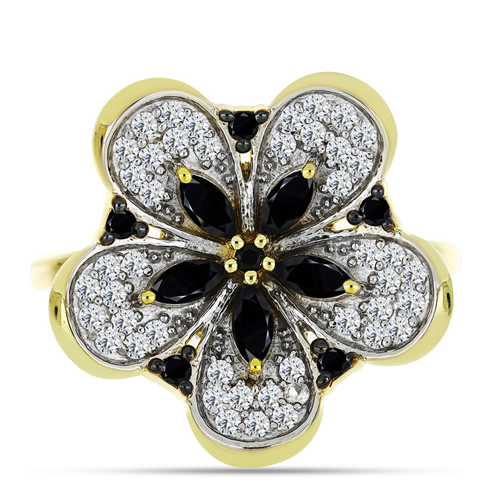Inel din Argint 925 Placat cu Aur ( 3.94 grame ) cu Spinel Negru și Topaz Alb 0.91 Carate 1 