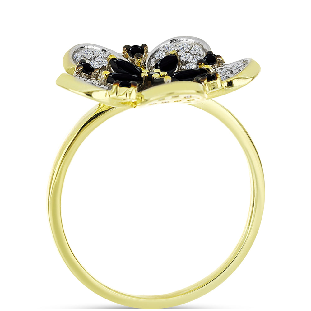 Inel din Argint 925 Placat cu Aur ( 3.94 grame ) cu Spinel Negru și Topaz Alb 0.91 Carate