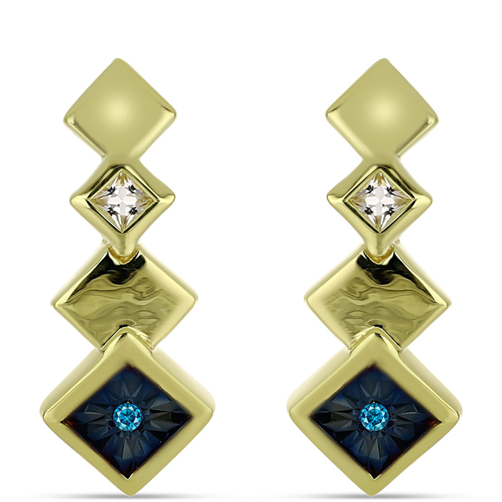 Cercei din Argint 925 Placat cu Aur ( 3.44 grame ) cu Diamant Albastru și Topaz Alb 0.11 Carate 1 