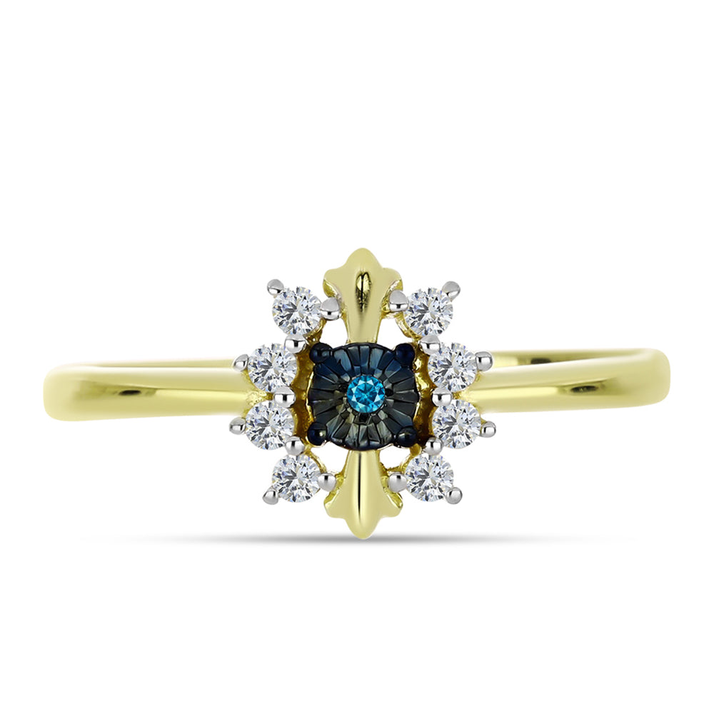 Inel din Argint 925 Placat cu Aur ( 1.82 grame ) cu Diamant Albastru și Topaz Alb 0.15 Carate 1 