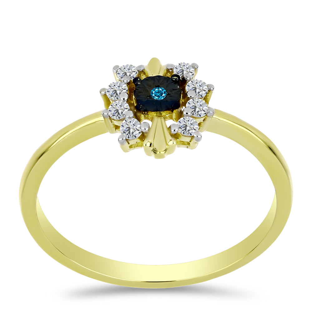 Inel din Argint 925 Placat cu Aur ( 1.82 grame ) cu Diamant Albastru și Topaz Alb 0.15 Carate 3 
