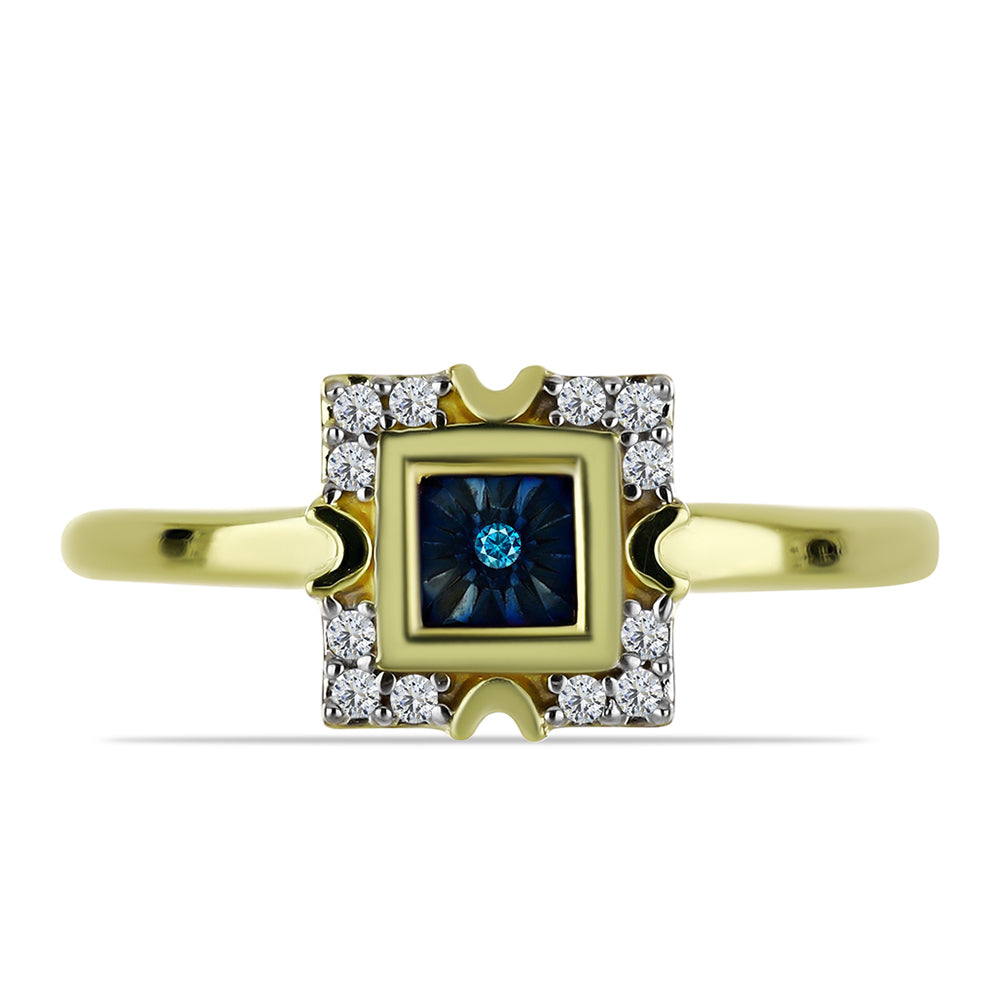 Inel din Argint 925 Placat cu Aur ( 2.56 grame ) cu Diamant Albastru și Topaz Alb 0.12 Carate 1 