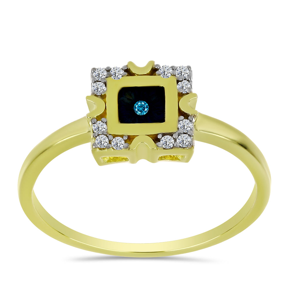 Inel din Argint 925 Placat cu Aur ( 2.56 grame ) cu Diamant Albastru și Topaz Alb 0.12 Carate 3 