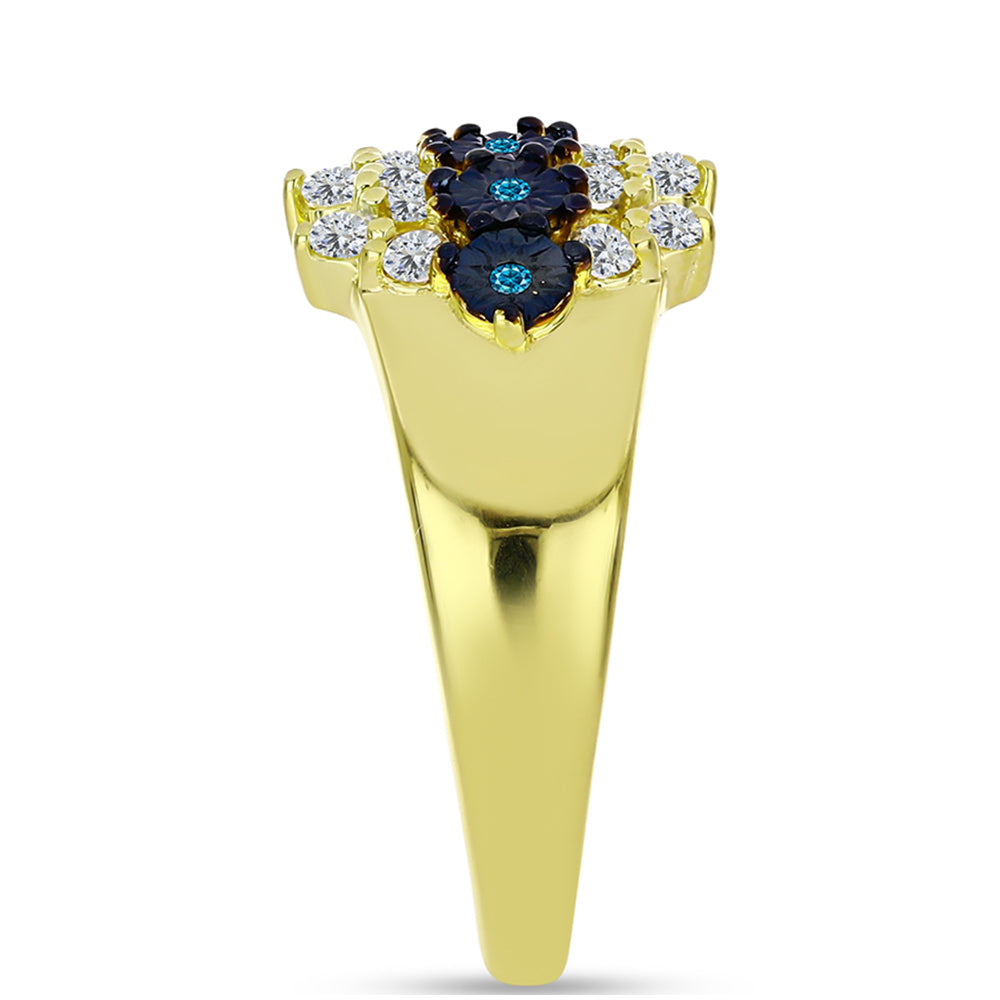 Inel din Argint 925 Placat cu Aur ( 3.59 grame ) cu Diamant Albastru și Topaz Alb 0.6 Carate 4 