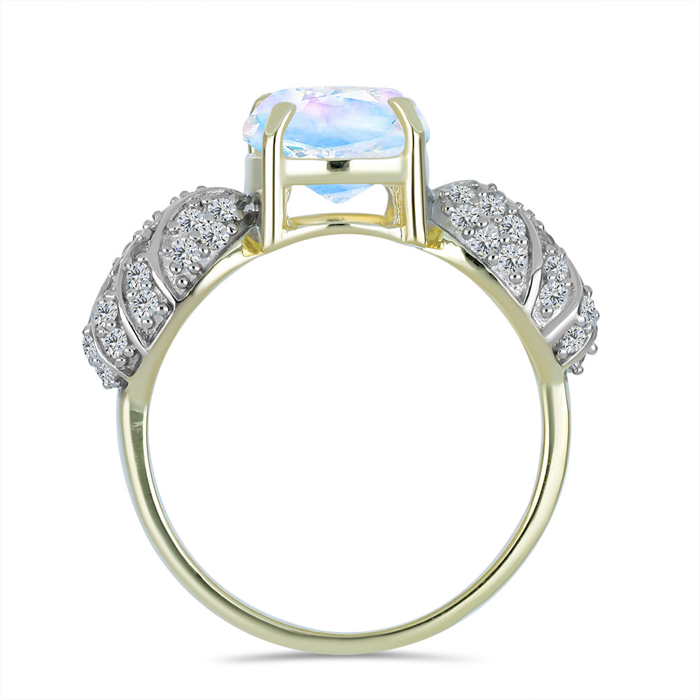 Inel din Argint 925 Placat cu Aur ( 3.15 grame ) cu Piatra Lunii Curcubeu și Topaz Alb 2.89 Carate 2 