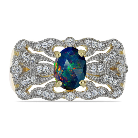 Inel din Argint 925 Placat cu Aur ( 4.63 grame ) cu Opal Etiopian Negru Lega Dembi și Topaz Alb 1.08 Carate