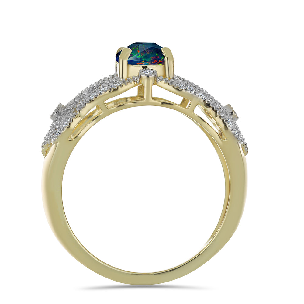 Inel din Argint 925 Placat cu Aur ( 4.63 grame ) cu Opal Etiopian Negru Lega Dembi și Topaz Alb 1.08 Carate