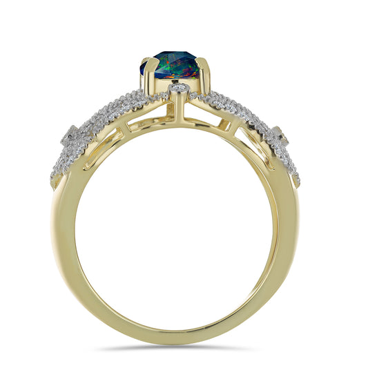 Inel din Argint 925 Placat cu Aur ( 4.63 grame ) cu Opal Etiopian Negru Lega Dembi și Topaz Alb 1.08 Carate