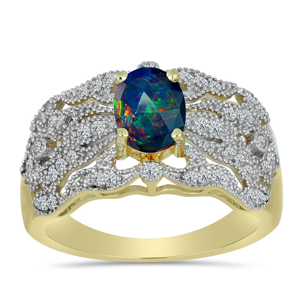 Inel din Argint 925 Placat cu Aur ( 4.63 grame ) cu Opal Etiopian Negru Lega Dembi și Topaz Alb 1.08 Carate