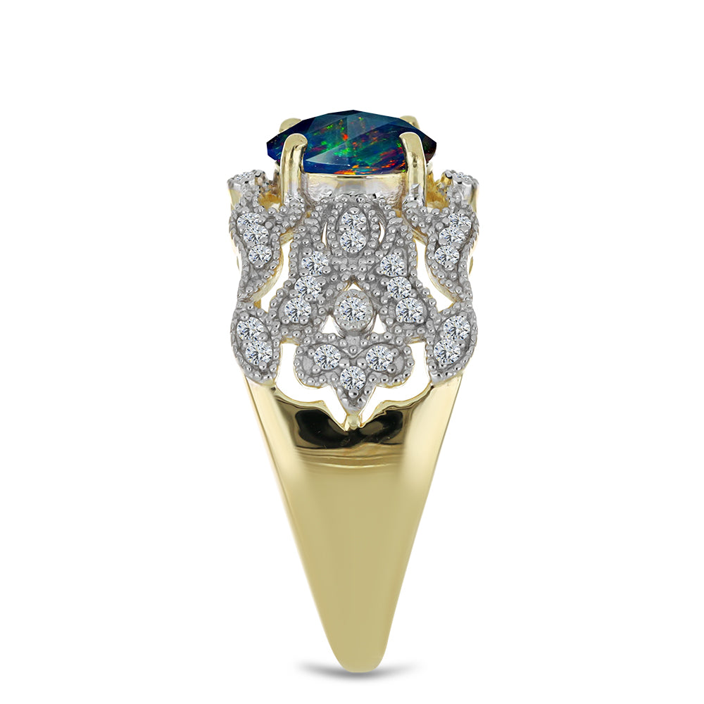 Inel din Argint 925 Placat cu Aur ( 4.63 grame ) cu Opal Etiopian Negru Lega Dembi și Topaz Alb 1.08 Carate 4 