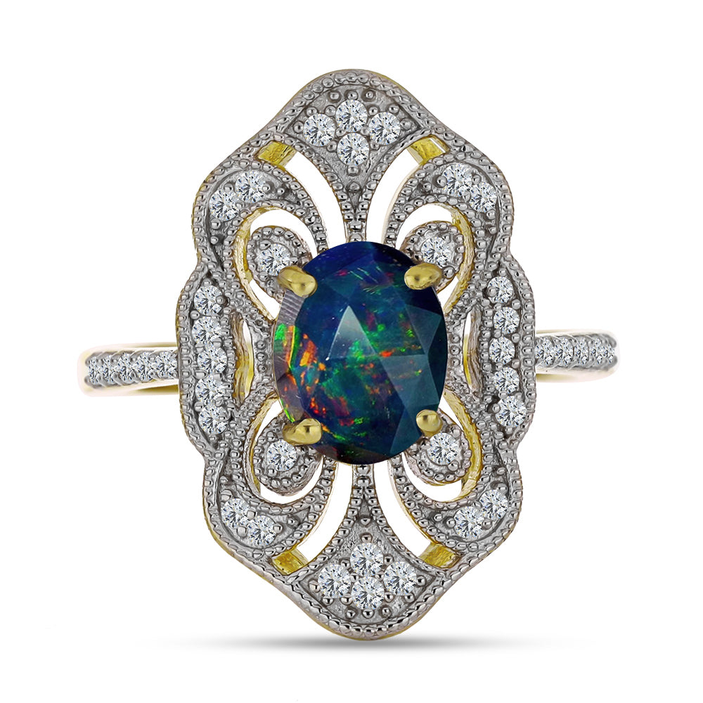 Inel din Argint 925 Placat cu Aur ( 4.56 grame ) cu Opal Etiopian Negru Lega Dembi și Topaz Alb 1.43 Carate 1 