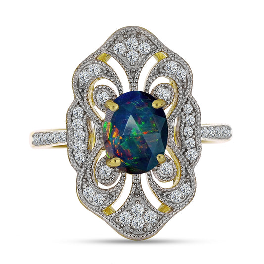 Inel din Argint 925 Placat cu Aur ( 4.56 grame ) cu Opal Etiopian Negru Lega Dembi și Topaz Alb 1.43 Carate